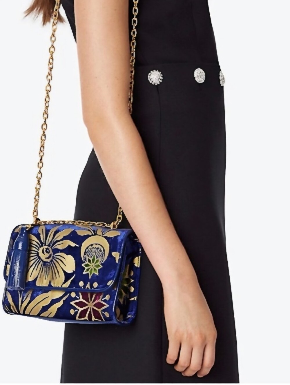 Tory Burch Blue Floral Gold-Accent Chain Crossbody